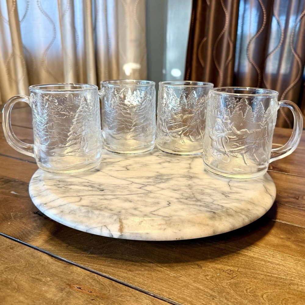 4pc VTG Luminarc USA Clear Glass Holiday Cups Mugs‎ Sleigh Ride Christmas Tree